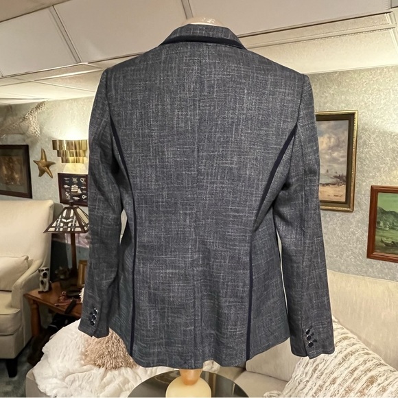 TOMMY HILFIGER Womens 10 Navy Blue Tweed Linen Look Jacket Blazer Lapel Logo Pin - Picture 2 of 16
